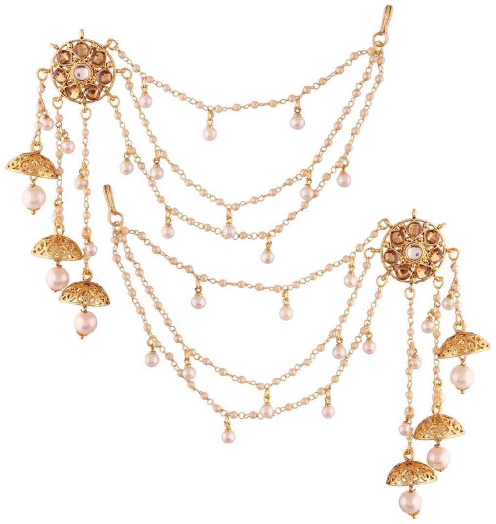 

Etnico Gold Plated Pearl Jhumki Earrings with Hair Chain for Women