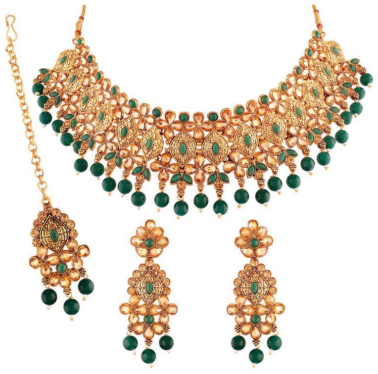 

Etnico Gold Plated Stone Studded Pearl Traditional Choker Necklace Set with Earrings Maang Tikka for Women