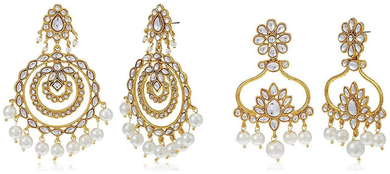 

Etnico Gold Plated Kundan Pearl Designer Combo Earrings for Women