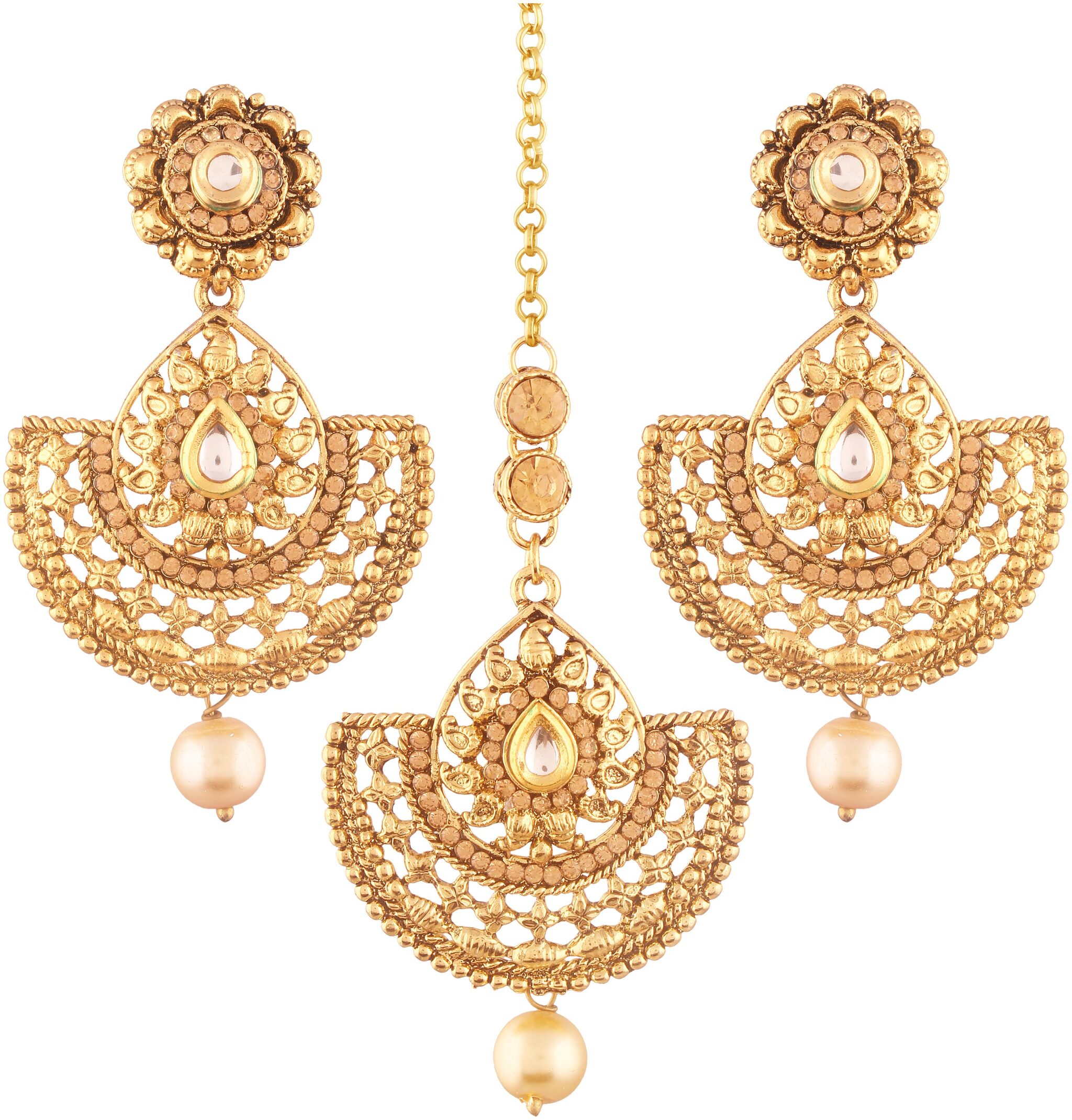

Etnico Gold Plated Earring Set with Maang Tikka for Women