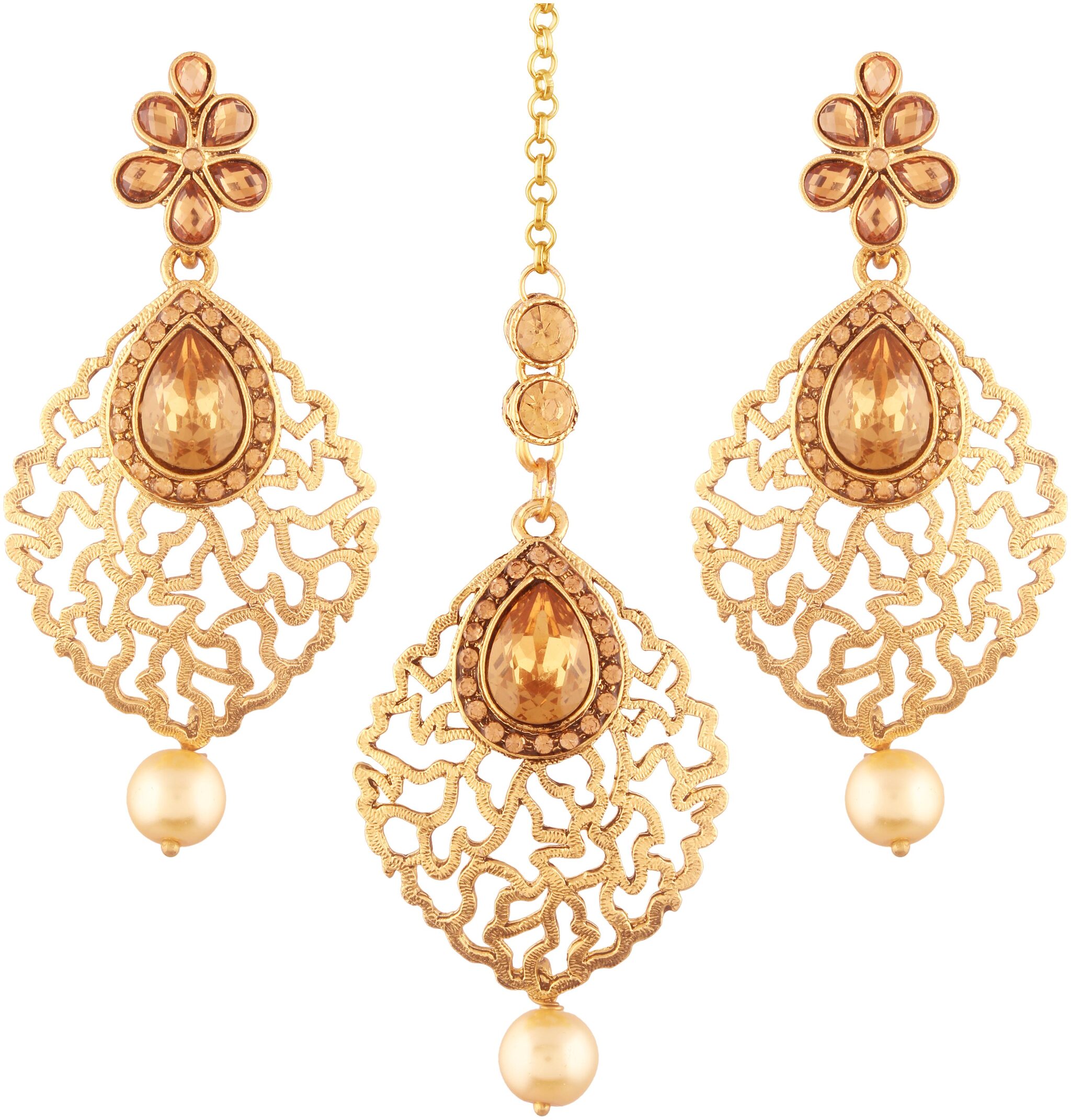 

Etnico Gold Plated Earring Set with Maang Tikka for Women