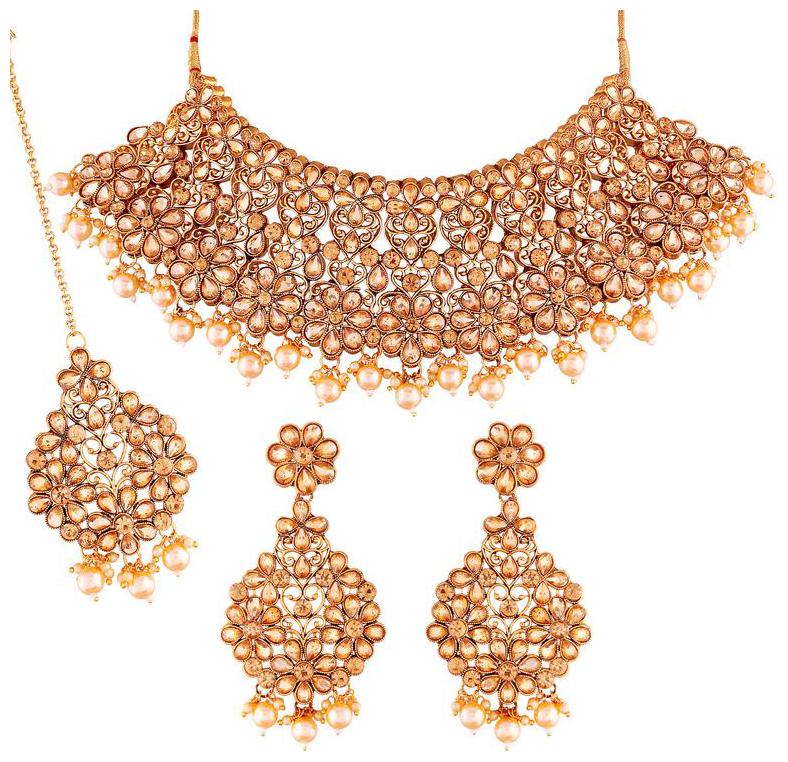 

Etnico Gold Plated Stone Studded Pearl Traditional Choker Necklace Set with Earrings Maang Tikka for Women