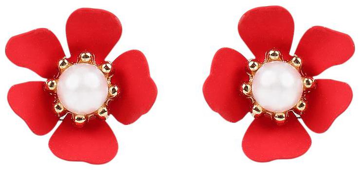 

Etnico Lovely Fancy Red Flower Design Pearl Stud Earrings For Women