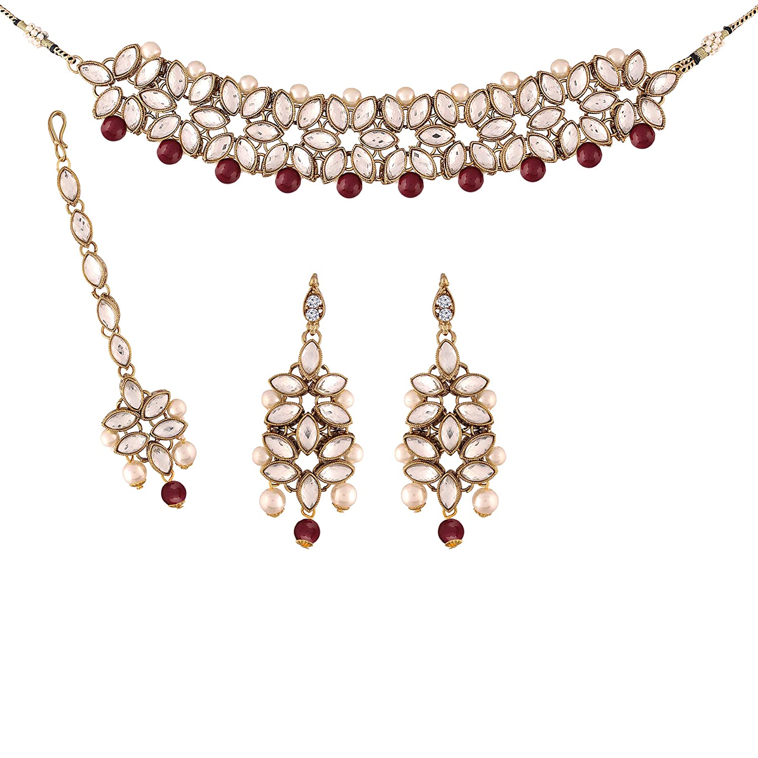 

Etnico Maroon Gold-Plated Necklace Set For Women