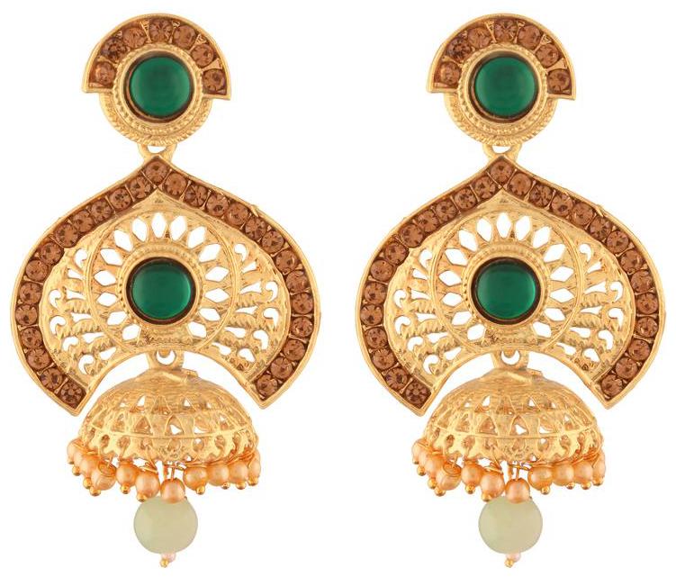 

Etnico Traditional Gold Plated Stone Studded Pearl Jumki Earrings For Women