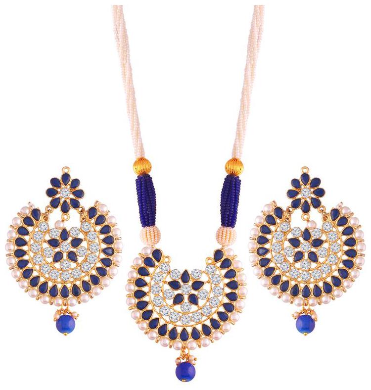 

Etnico Traditional Gold Plated CZ Kundan Pearl Necklace Set With Earrings For Women
