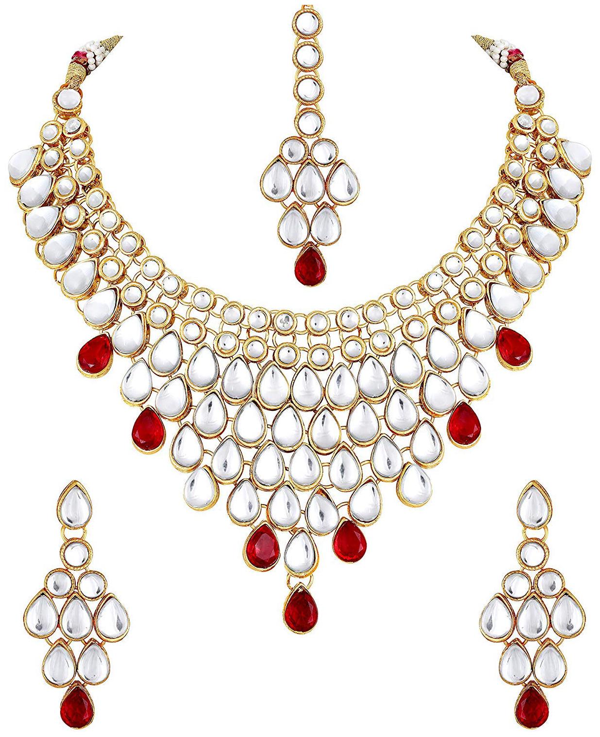 

Etnico Traditional Gold Plated Stone Studded Bridal Choker Necklace Set Earrings Maang Tikka For Women