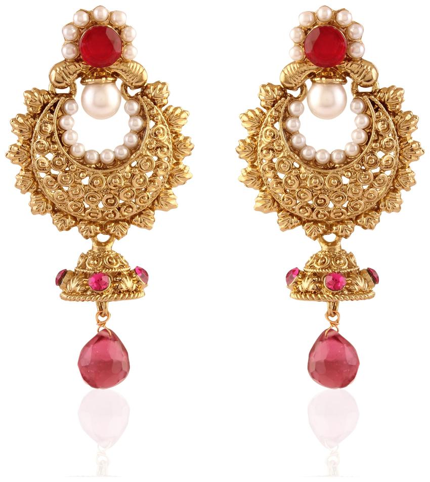 

Etnico Traditional Gold Plated Chand Jhumki Shaped Pearl Earrings for Women EM2247Q (Rani Pink)