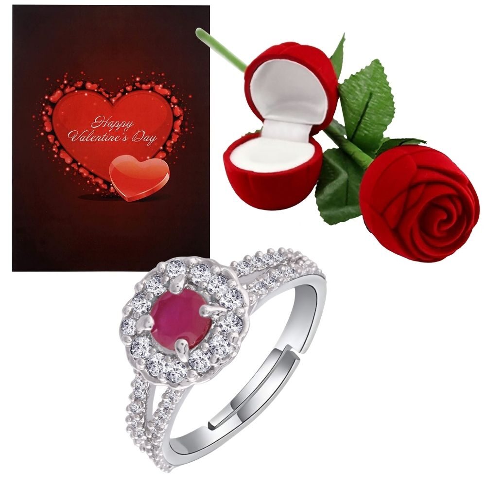 

Etnico Valentine s Special CZ American Diamond Adjustable Ring With Greeting Card Red Rose Gift Box For Women (S001-FL175RGCOCA)