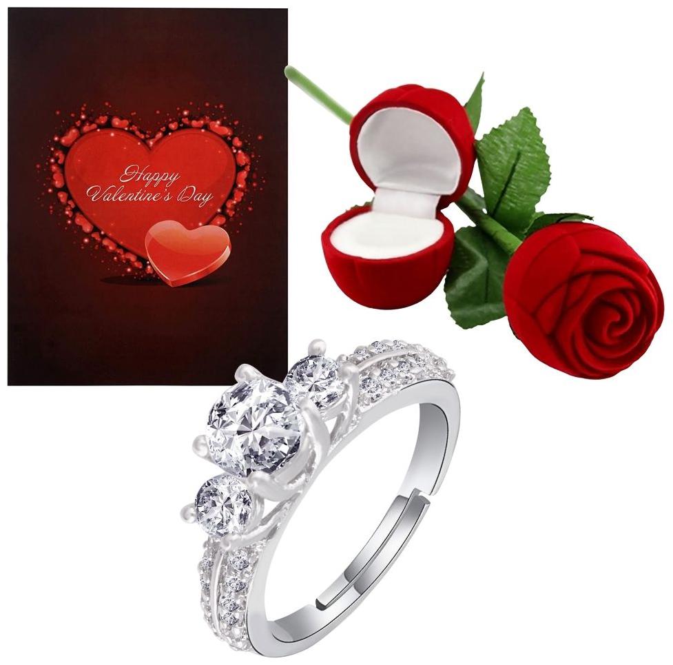 

Etnico Valentine s Special CZ American Diamond Adjustable Ring With Greeting Card Red Rose Gift Box For Women (S001-FL177WCOCA)
