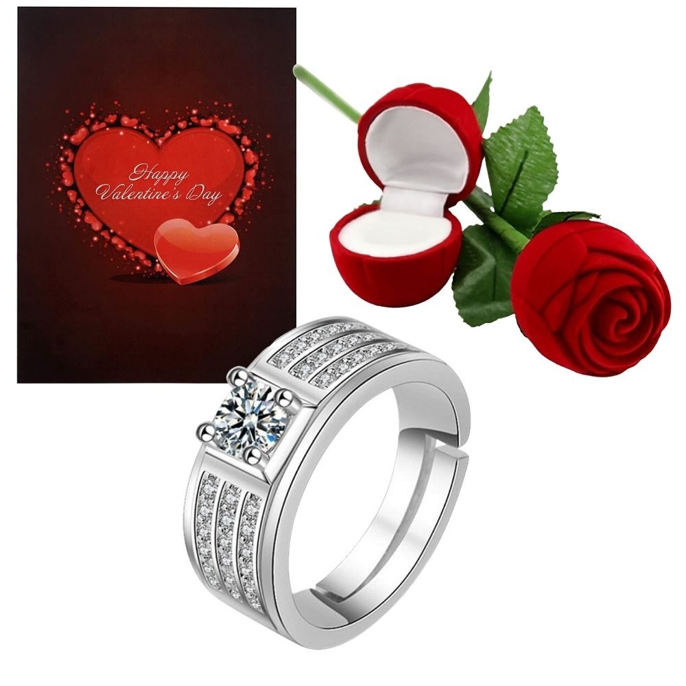 

Etnico Valentine s Special CZ American Diamond Adjustable Ring With Greeting Card Red Rose Gift Box For Women (S001-FL164COCA)