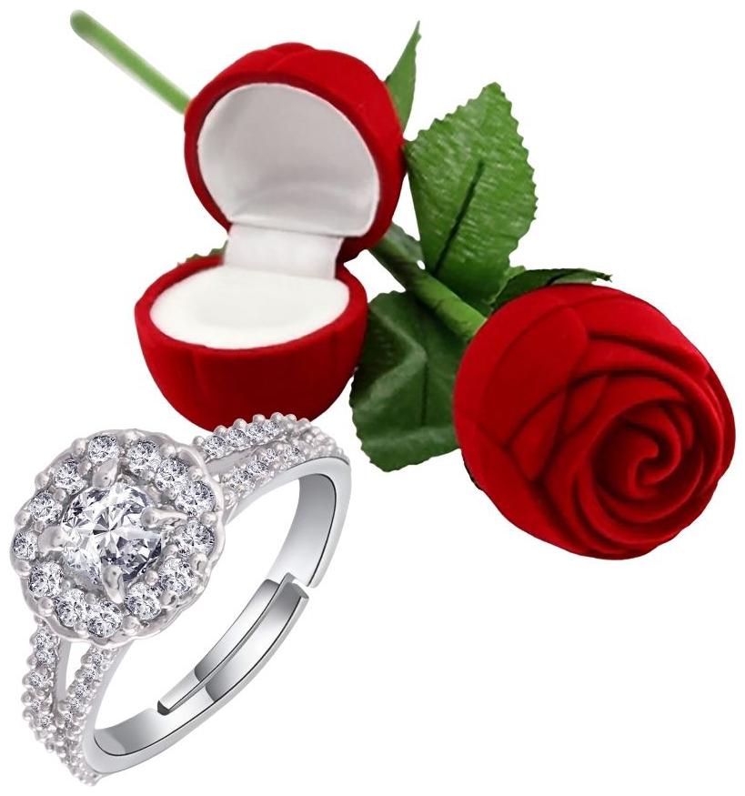 

Etnico Valentine s Special Silver Plated CZ American Diamond Adjustable Ring With Red Rose Gift Box For Women Girls (S001-FL175WCO)