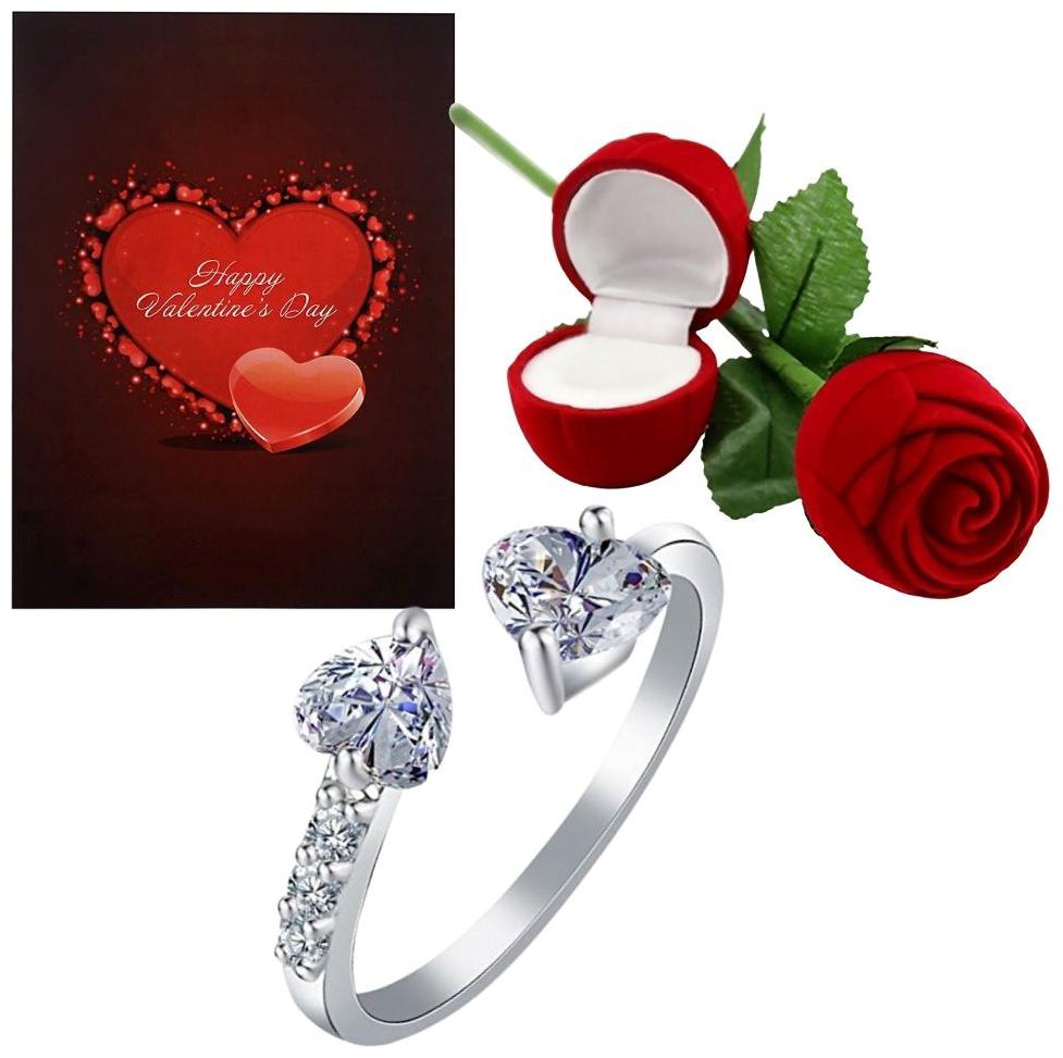 

Etnico Valentine s Special CZ American Diamond Adjustable Ring With Greeting Card Red Rose Gift Box For Women (S001-FL161COCA)