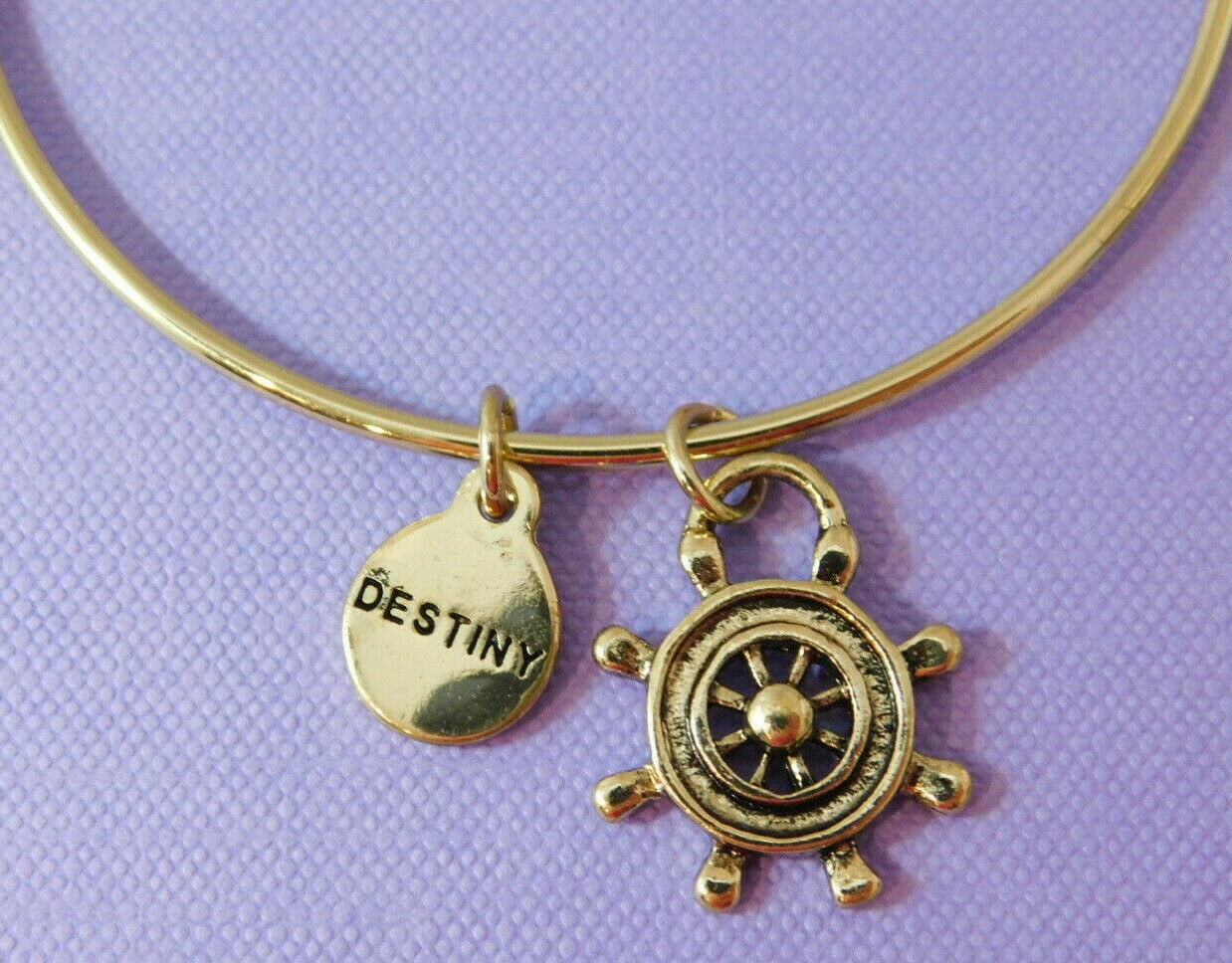 

Expandable Bangle Bracelet Nautical Ships Wheel Charm Gold tone Stackable