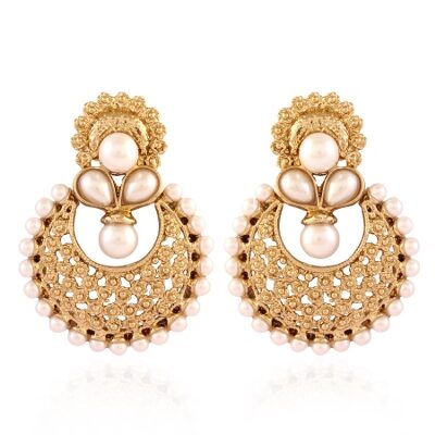 

E tnico Traditional Gold Plated Chand Shaped Pearl Earrings for Women EM2241W (White)