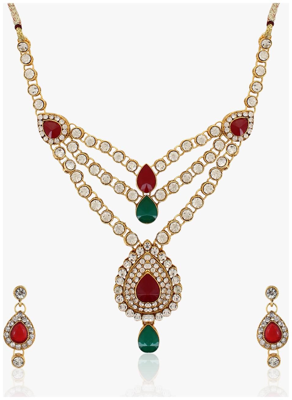 

Fabula Jewellery Gold Plated Maroon Green American Diamond Traditional Necklace Set Drop Earrings for Women