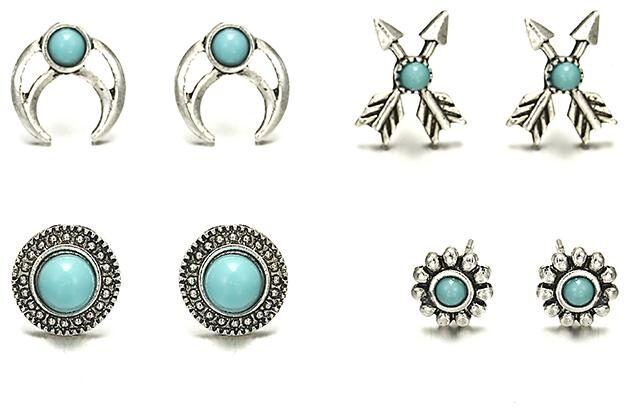 

Fabula Jewellery Combo Of 4 Antique Silver Tone Turquoise Beads Bohemian Fashion Stud For Women Girls