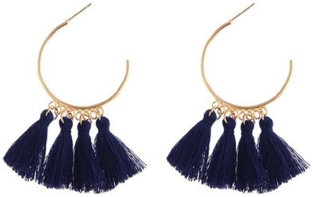 

FABULA Jewellery Blue Tassel In Gold Tone Half Hoop Drop Earrings For Women Girls