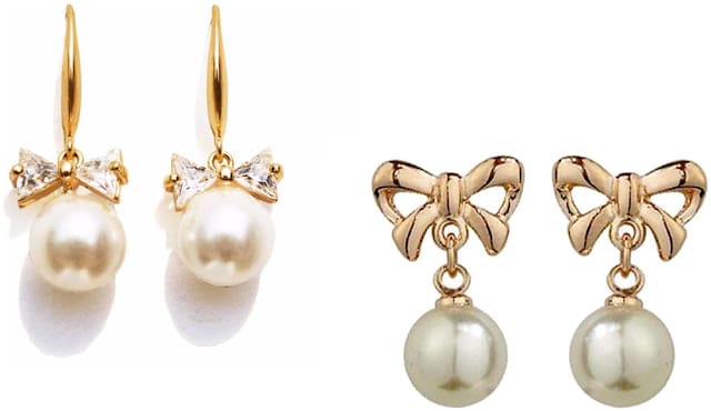 Fabula Jewellery Set of 2 Gold Tone White Pearl Delicate Fashion Drop Earrings For Women & Girls