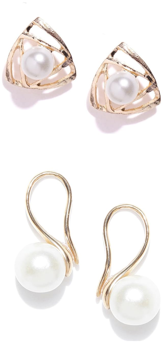 Fabula Jewellery Combo of 2 Gold Tone White Pearl Delicate Ear Stud & Drop Fashion Earrings