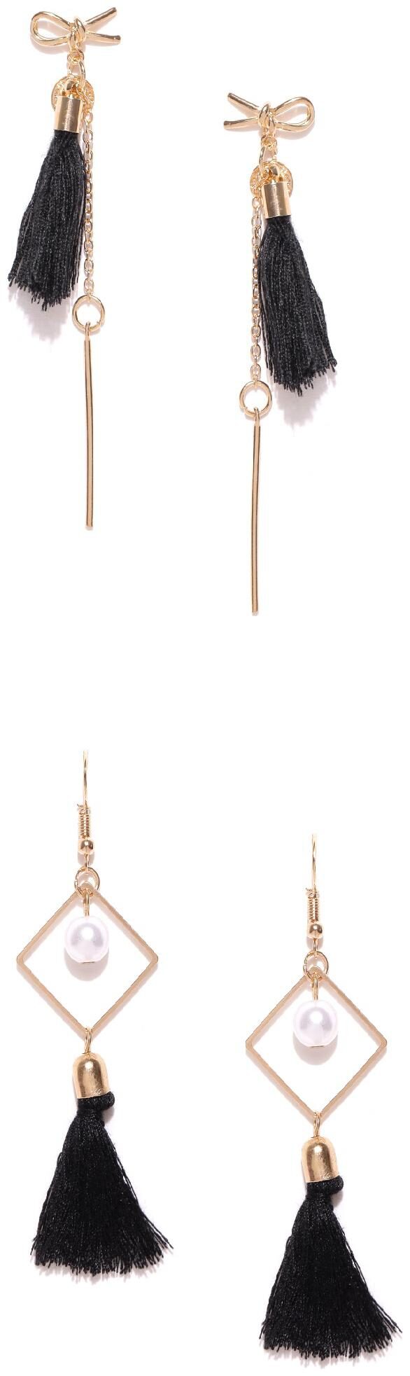 

FABULA Jewellery Combo of 2 Black Tassel Delicate Drop Fashion Earrings in Gold Tone