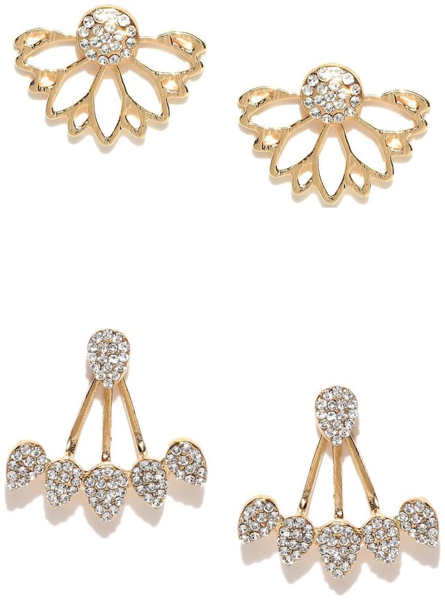 FABULA Jewellery Combo of 2 Gold Tone Floral Crystal Ear Jacket Stud Fashion Earrings