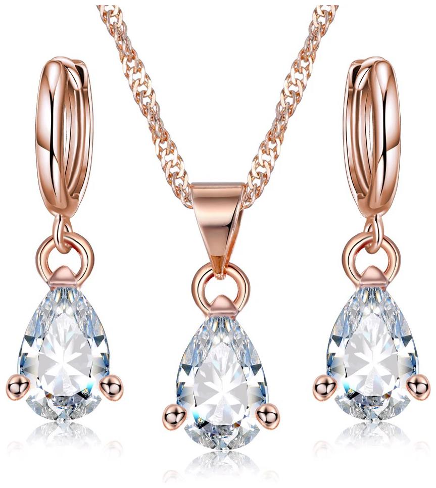 

Fabula Jewellery 18K Rose Gold Plated Teardrop Cubic Zirconia Pendant Set with Matching Drop Fashion Earrings for Women Girls