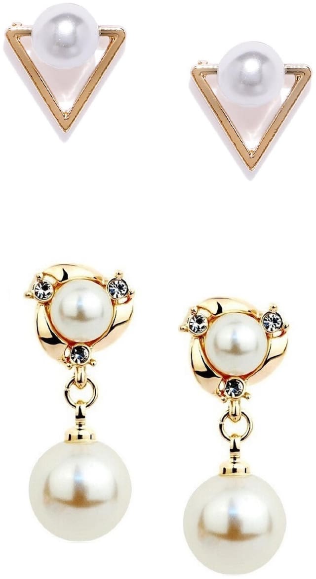 Fabula Jewellery Combo of 2 Gold Tone White Pearl Delicate Fashion Drop Earrings For Women & Girls