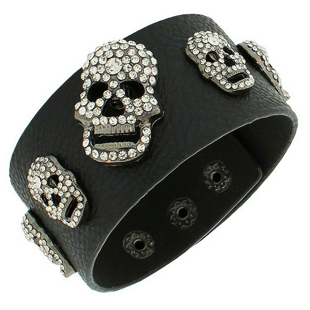 

Fashion Alloy Black Faux PU Leather White CZ Skull Wristband Bracelet