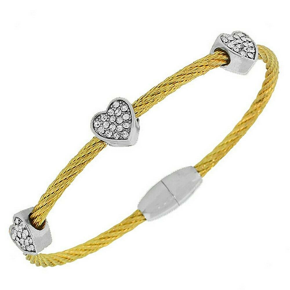 

Fashion Alloy Yellow Gold-Tone White CZ Twisted Cable Love Heart Bangle Bracelet