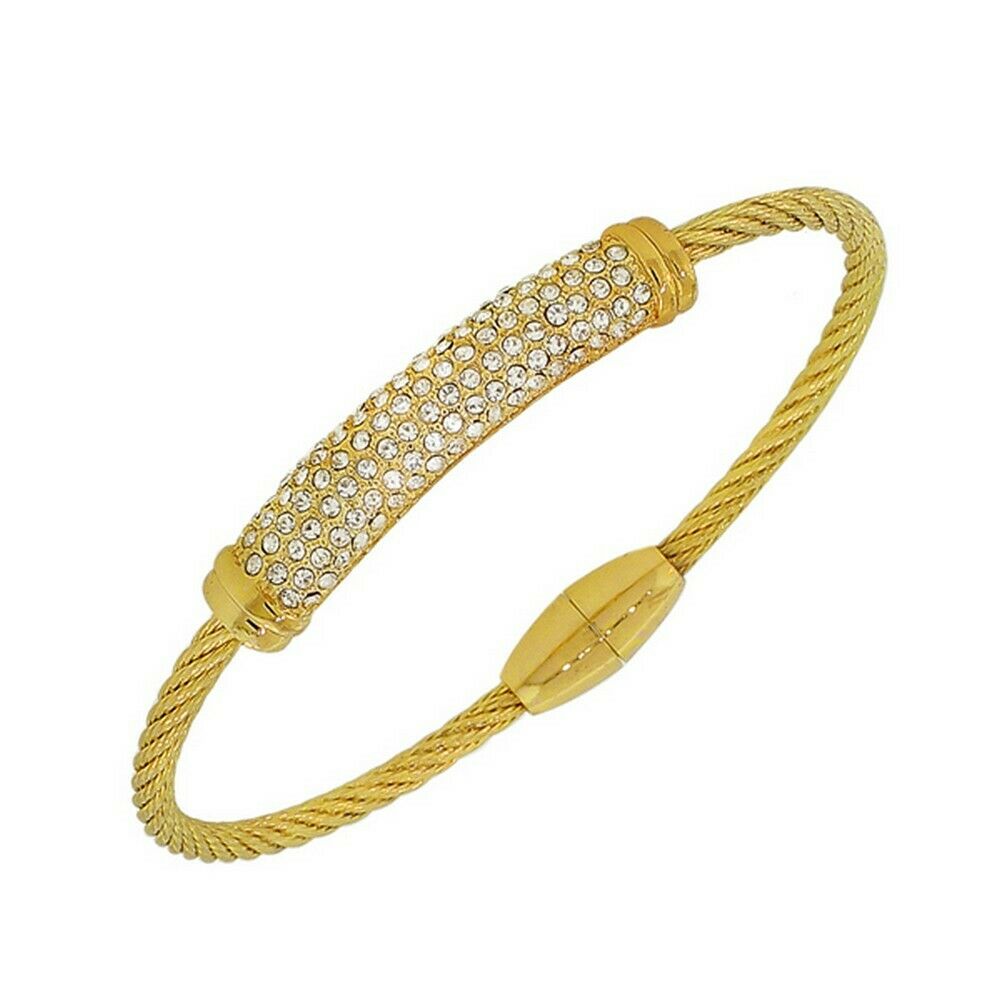 

Fashion Alloy Yellow Gold-Tone White CZ Twisted Cable Bangle Bracelet with Clasp