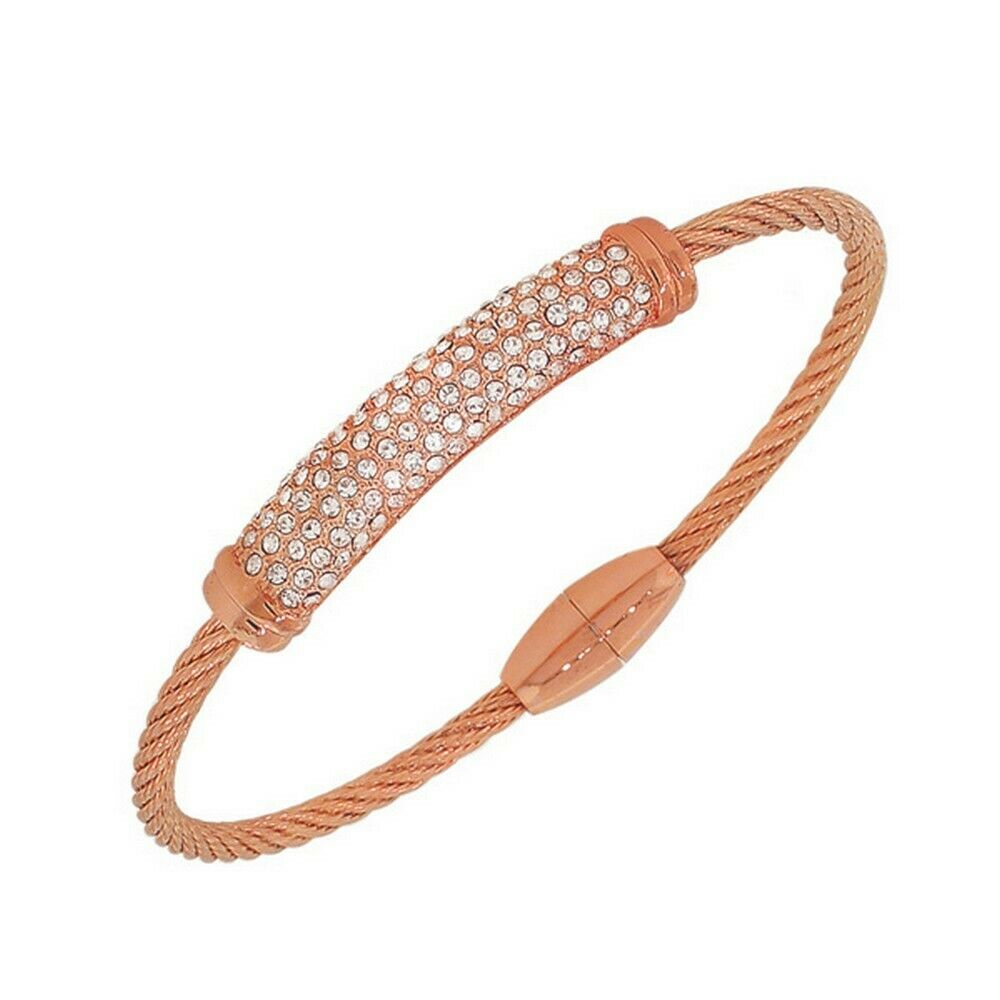 

Fashion Alloy Rose Gold-Tone White CZ Twisted Cable Bangle Bracelet with Clasp