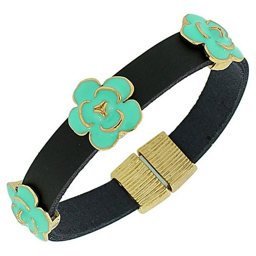 

Fashion Alloy Black Leather Flowers Floral Design Wristband Wrap Bracelet