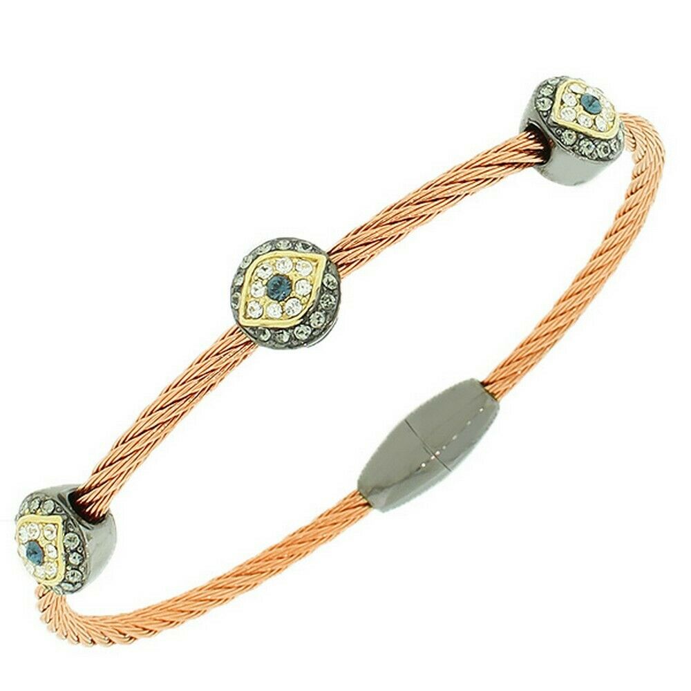 

Fashion Alloy Rose Gold-Tone White CZ Evil Eye Bangle Bracelet