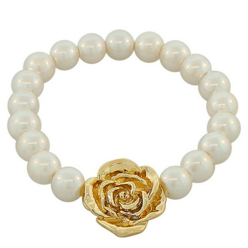 

Fashion Alloy White Simulated Pearls Gold-Tone Floral Design Stretch Bracelet