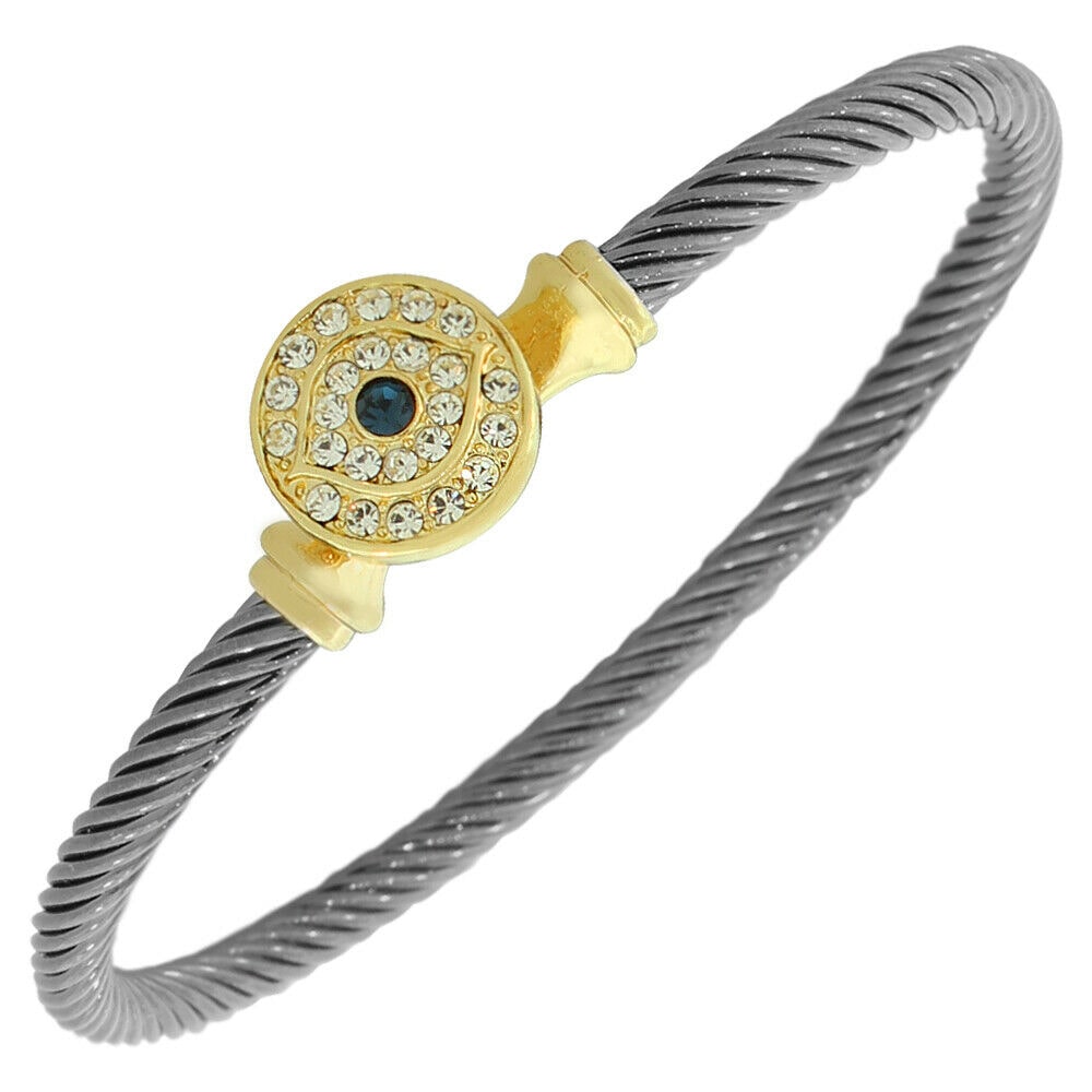 

Fashion Black Yellow Gold-Tone White Blue Crystals CZ Evil Eye Bangle Bracelet