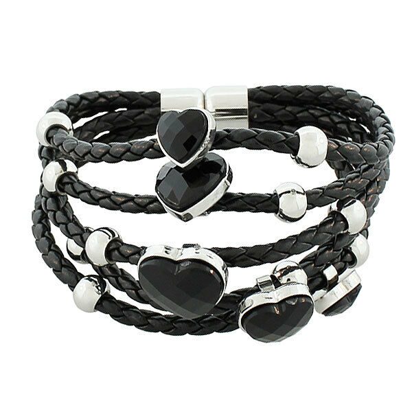 

Fashion Black Faux PU Leather Silver-Tone Love Heart Multi-Row Layer Bracelet