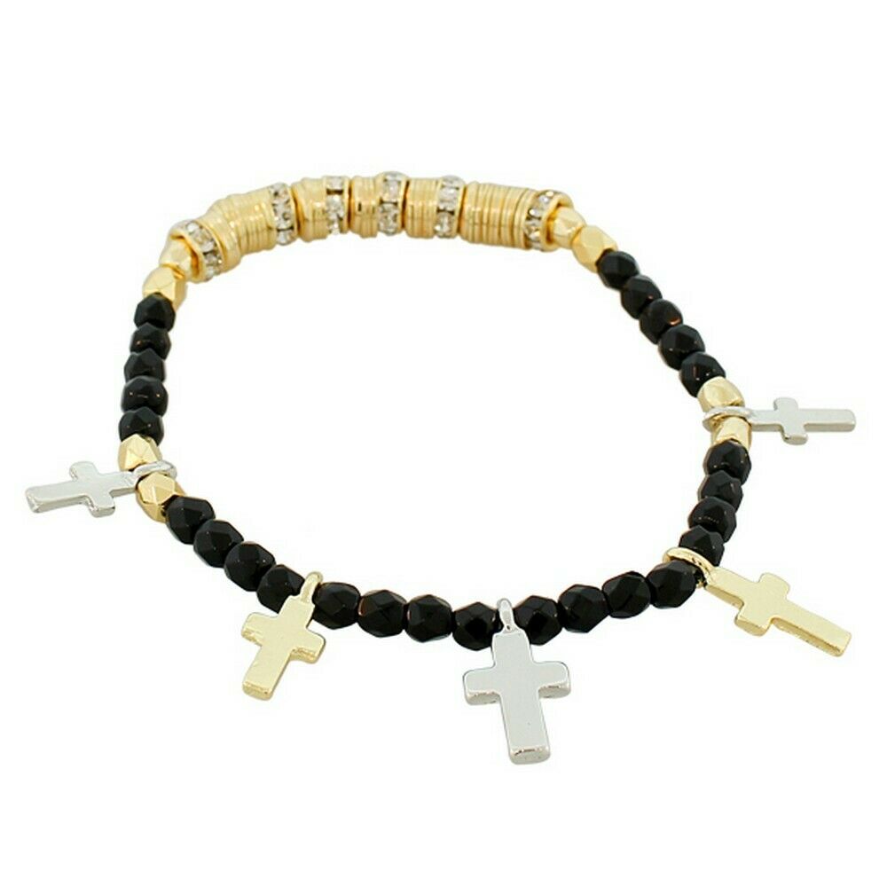 

Fashion Black Gold Silver Latin Cross Religious Stretch Beaded Bangle Bracelet