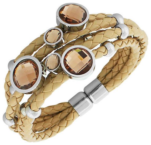 

Fashion Brown PU Leather Silver-Tone CZ Love Heart Multi-Row Layer Bracelet