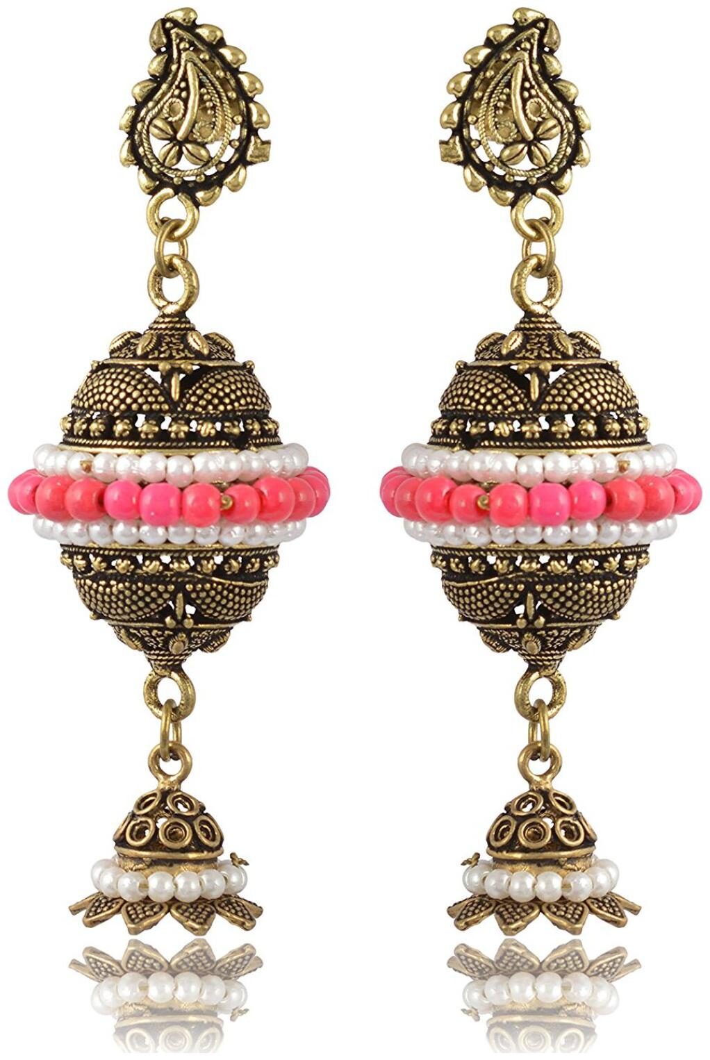 

Fashion For Sure Gold Pink Brass Jhumki Earrings for Women (E180)