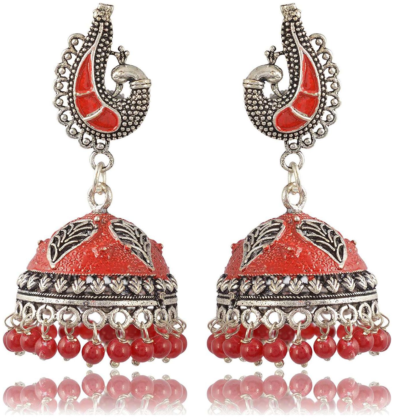 

Fashion For Sure Silver Red Brass Jhumki Earrings for Women (E169)