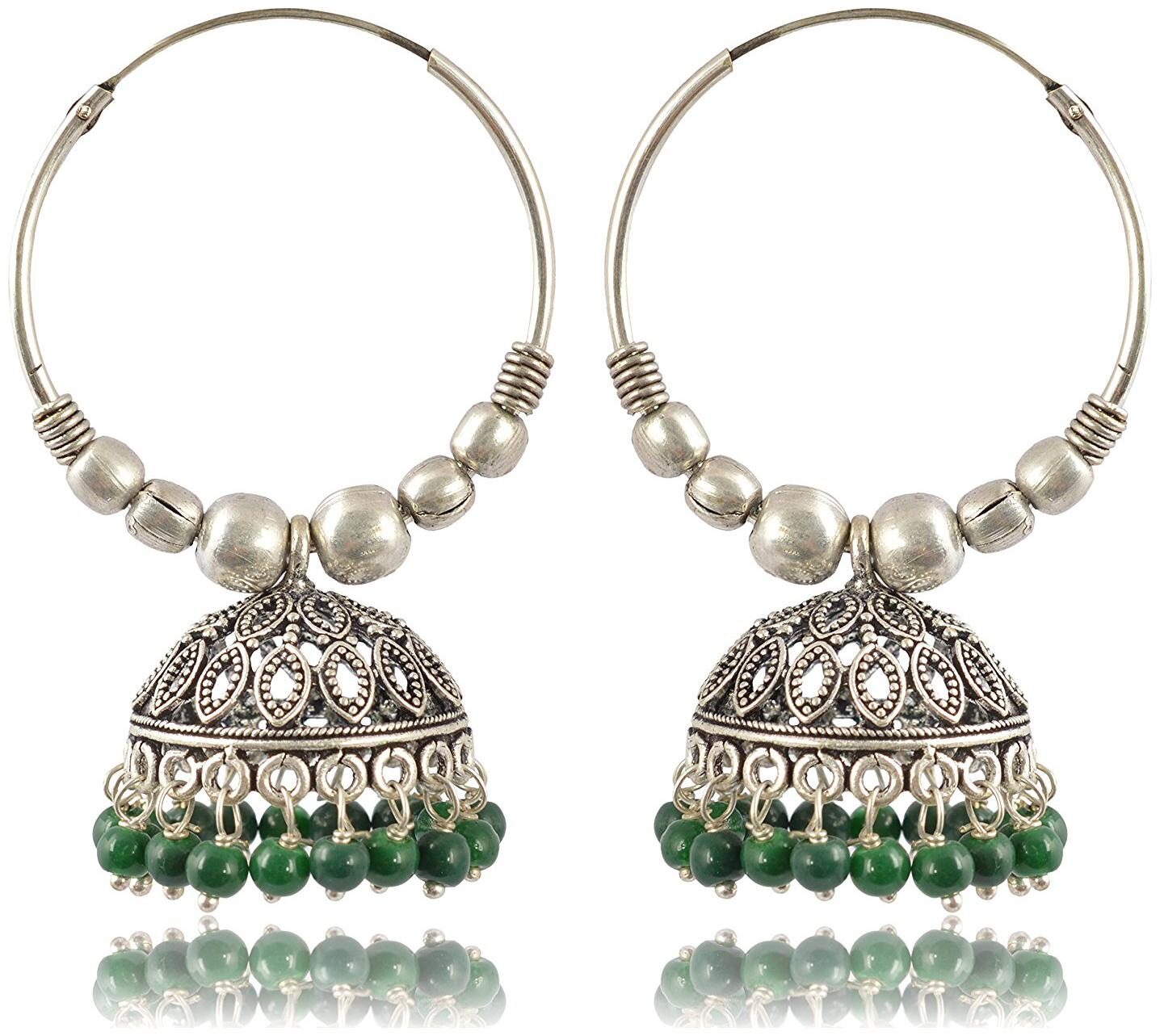 

Fashion For Sure Silver and Green Oxidized Silver Jhumki Earrings for Women (E232)