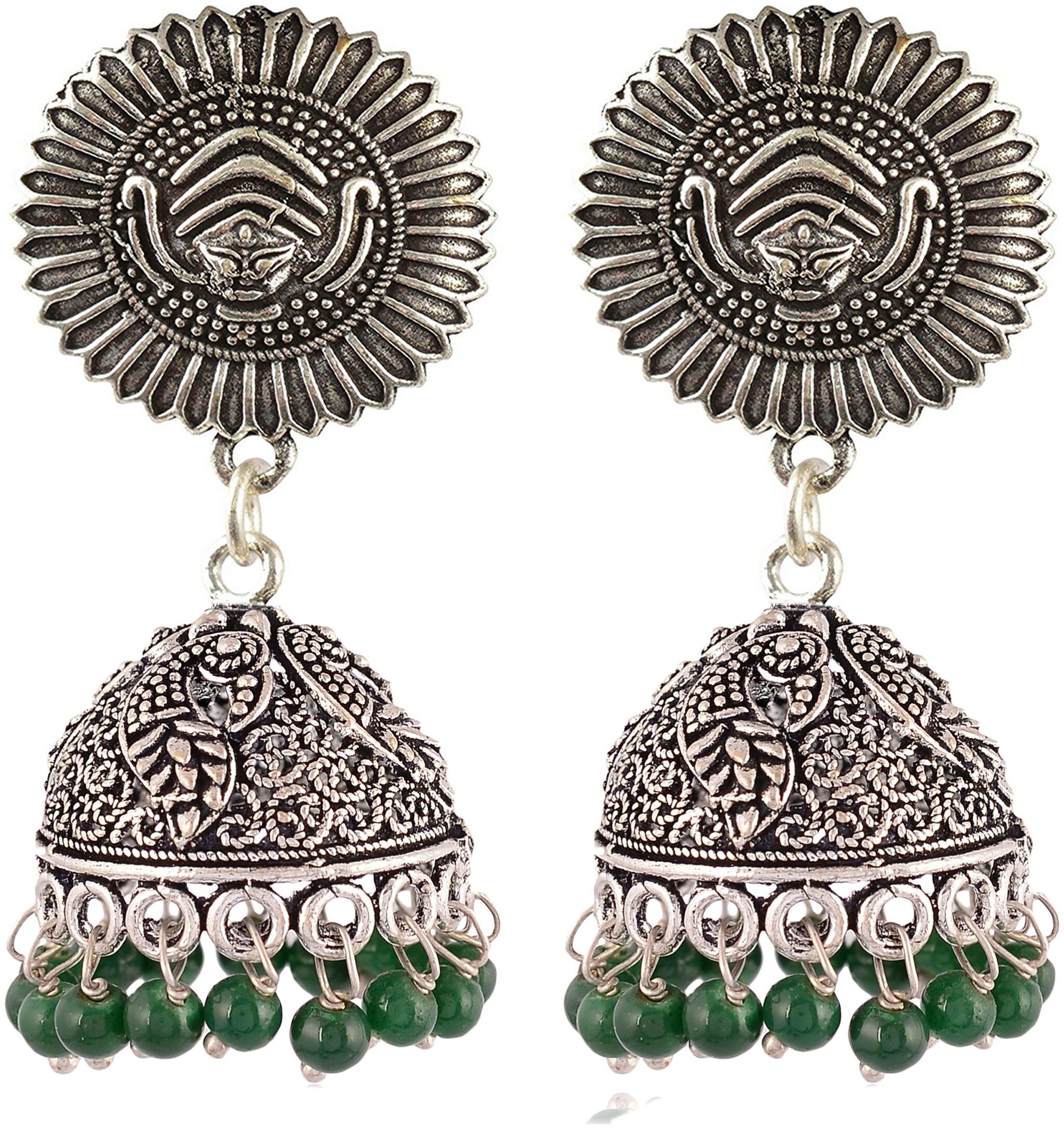 

Fashion for sure Silver and Green Brass Jhumki Earrings For Women (E168 4)