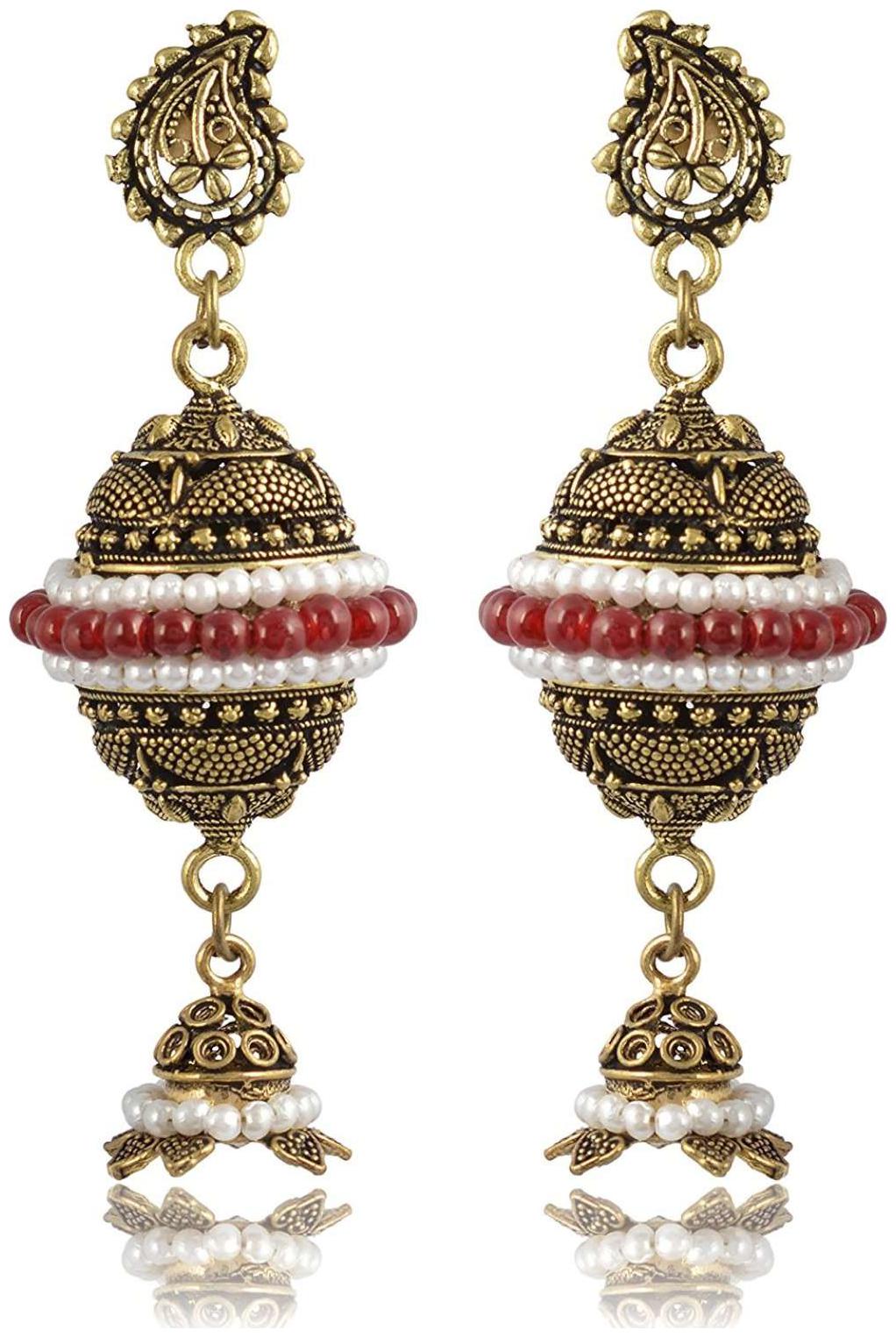 

Fashion For Sure Gold Red Brass Jhumki Earrings for Women (E178)