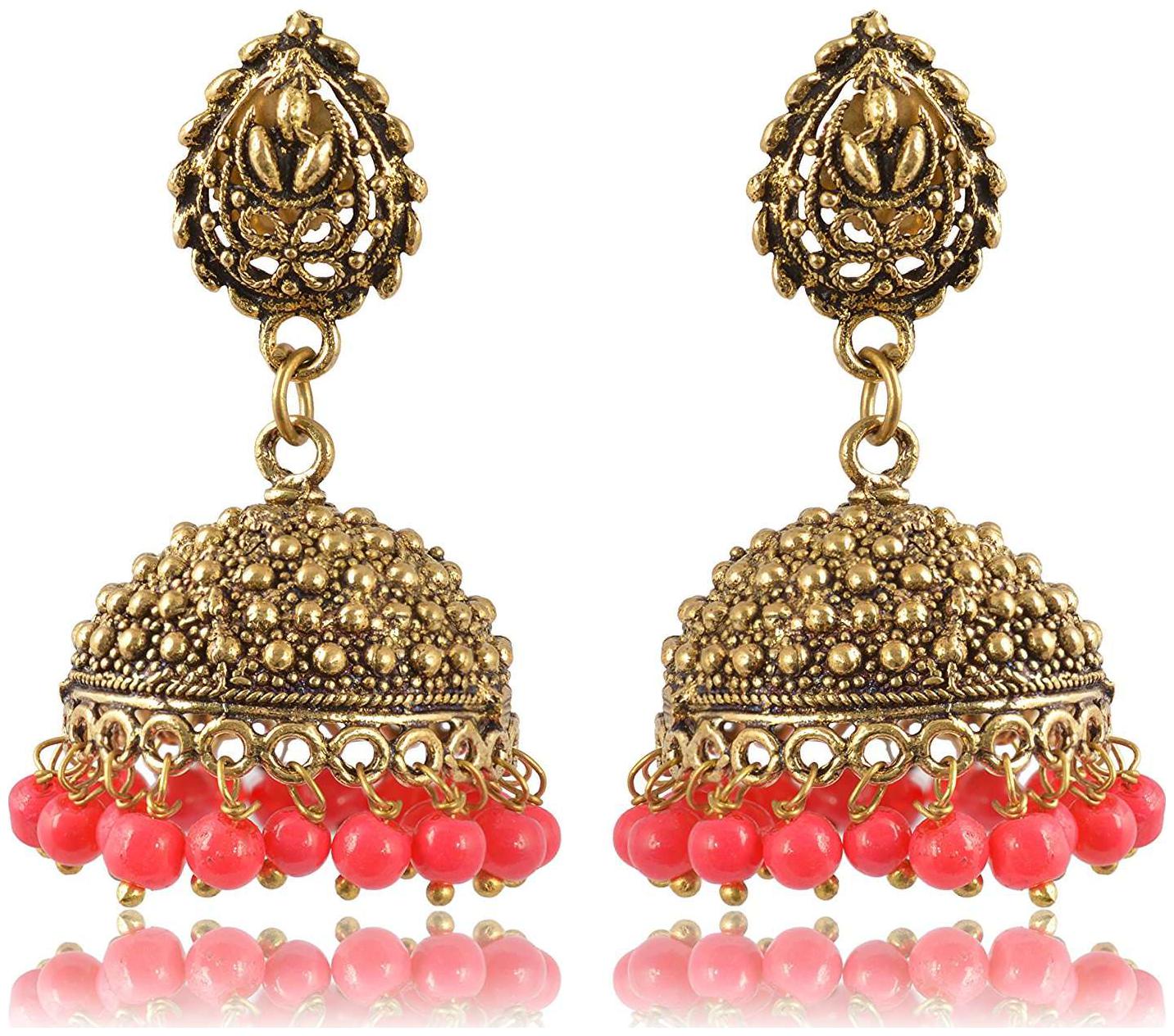 

Fashion For Sure Gold and Peach Oxidized Silver Jhumki Earrings for Women (E239)
