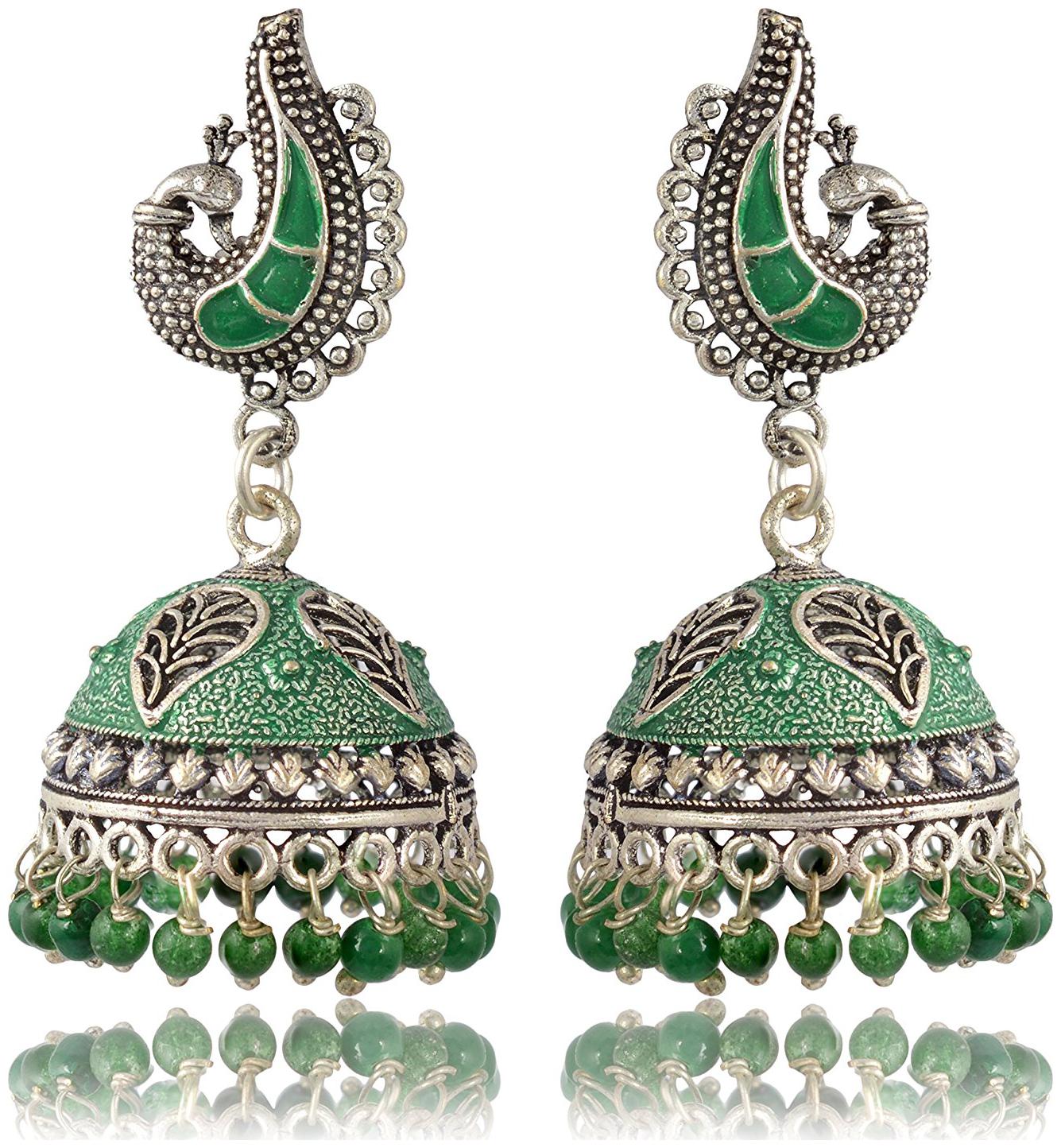 

Fashion For Sure Silver Green Brass Jhumki Earrings for Women (E159)