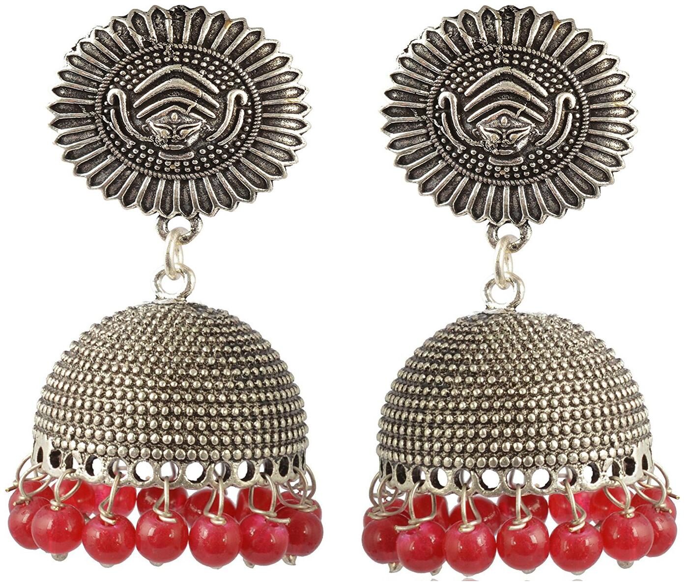 

Fashion For Sure Silver Red Brass Jhumki Earrings for Women (E152 2)