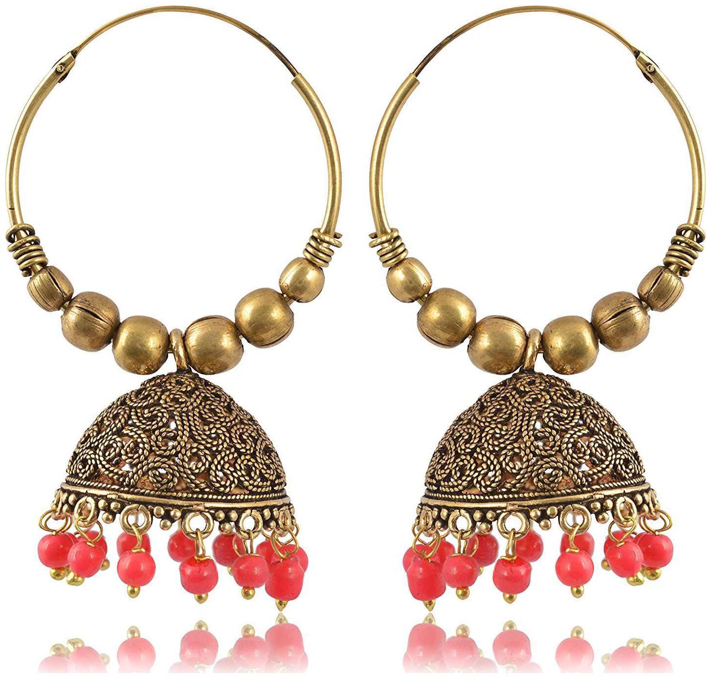 

Fashion For Sure Gold and Peach Oxidized Silver Jhumki Earrings for Women (E224)