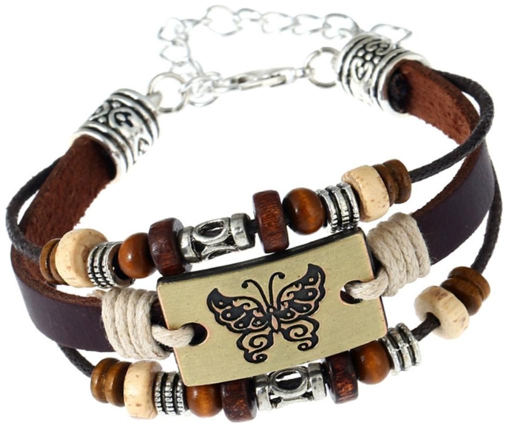 

Fashion for sure Hand-made beaded bracelet antique copper alloy butterfly genuine leather bracelet (J133)