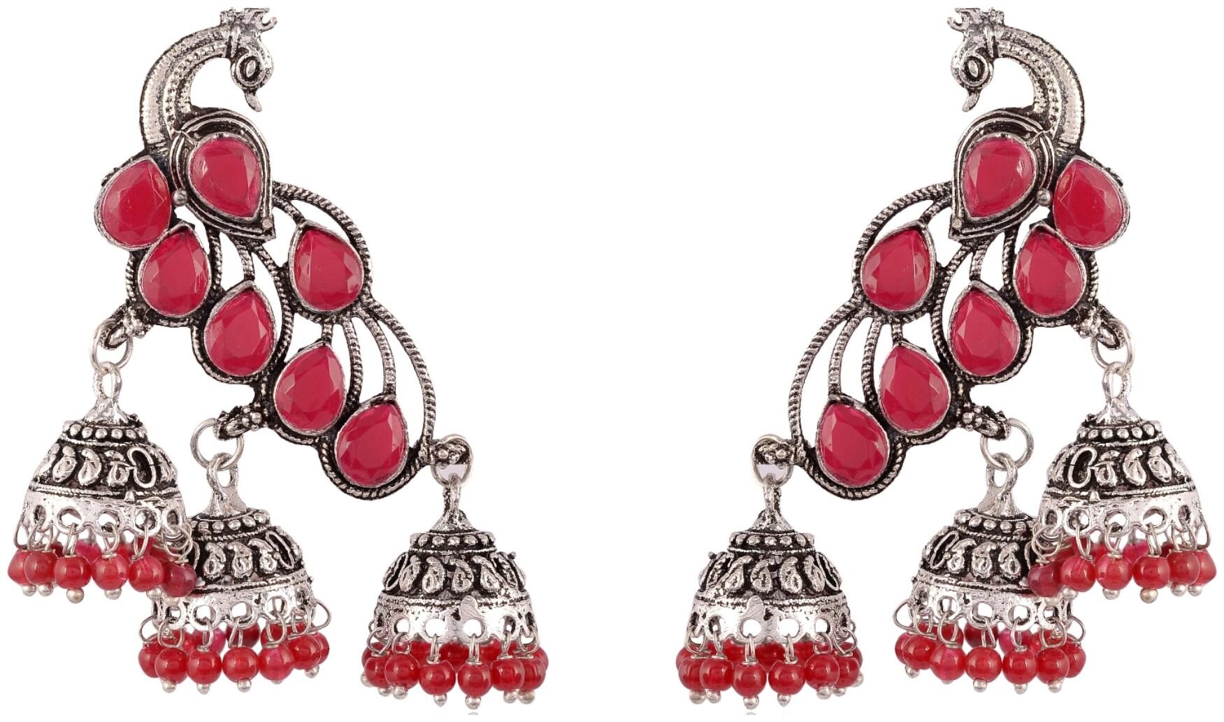 

Fashion for sure Silver and Maroon Brass Jhumki Earrings For Women (E388)
